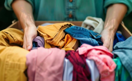 Textilien und Leder Arms reaching into a full container of colourful laundry/textiles